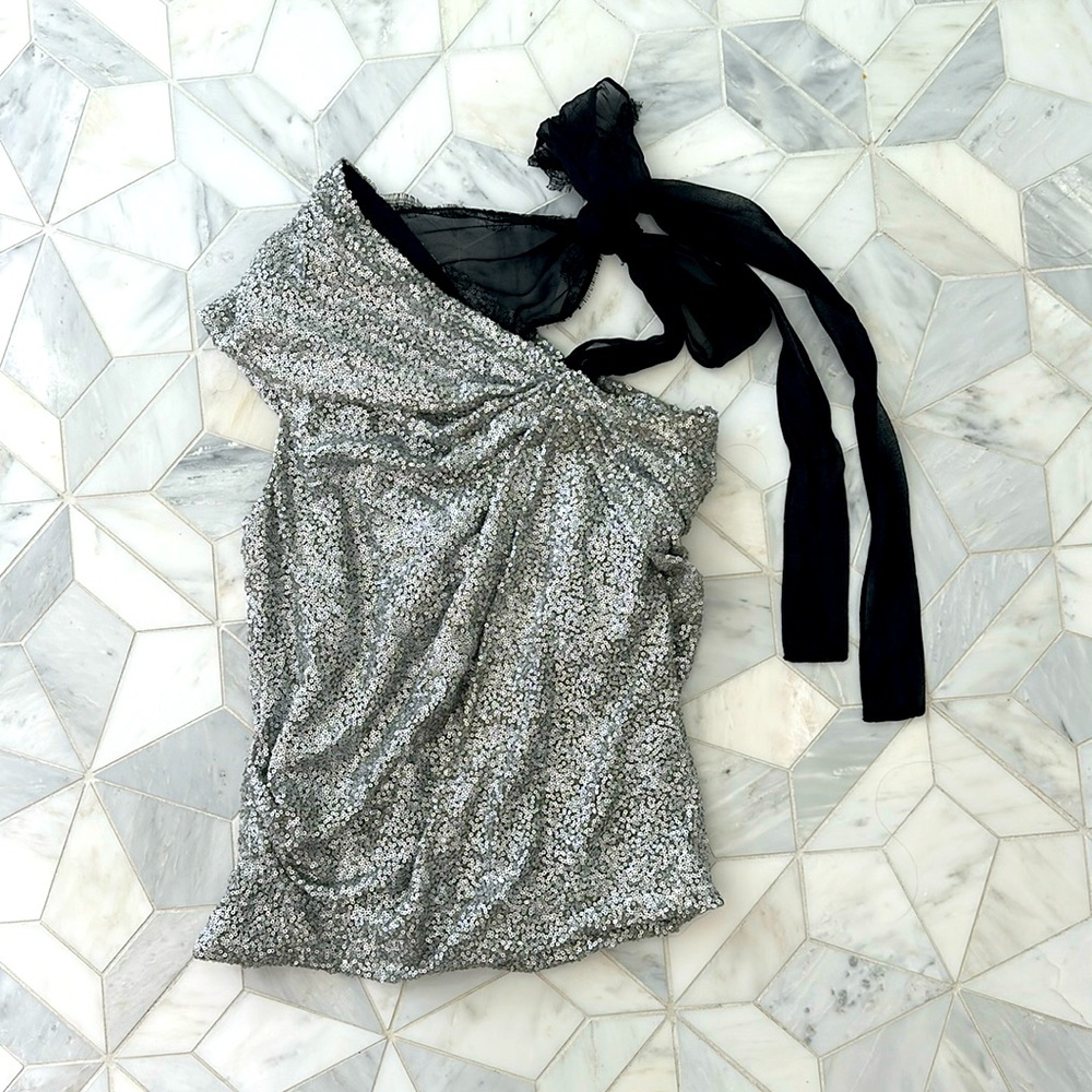 Roberto Rodriguez Sequin One Shoulder Top with Bow and Ruching